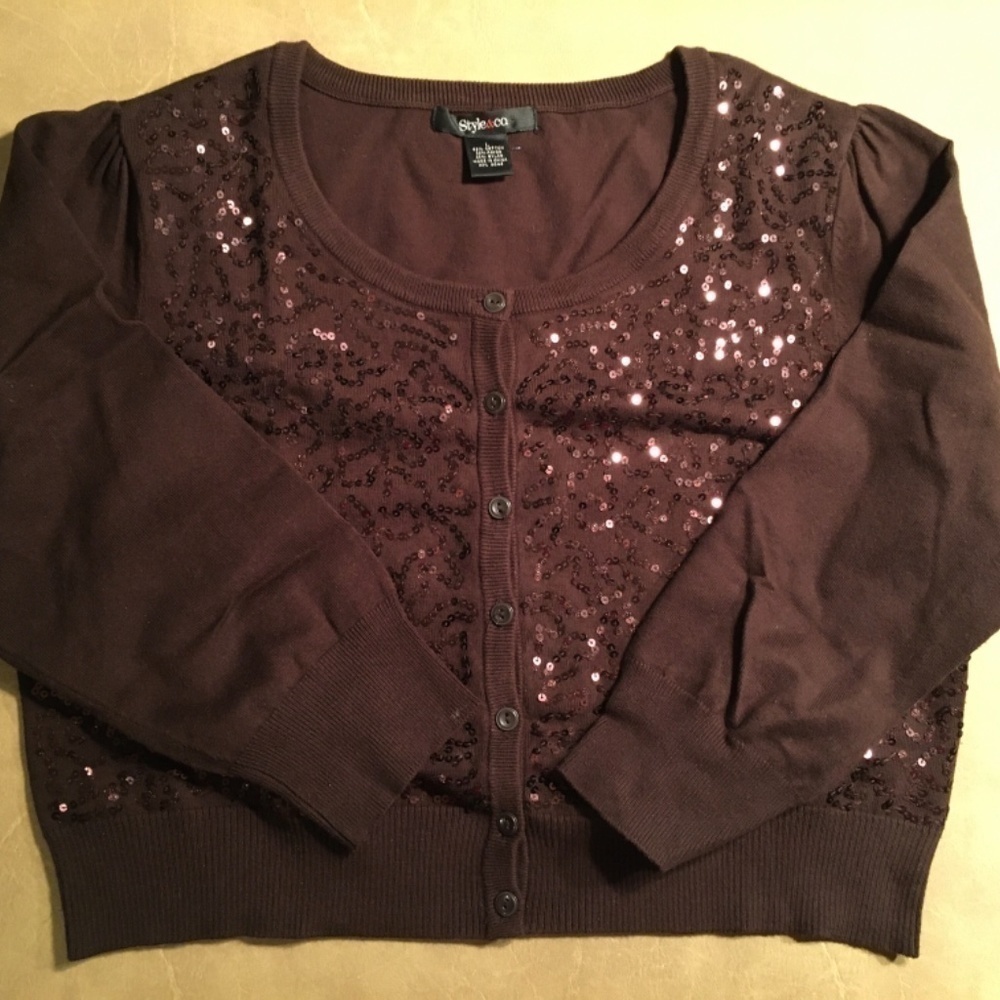 STYLE & CO. Cropped Cardigan Sweater, BROWN, Sequined, 3/4 Sleeves, Large, EUC - Picture 10 of 11